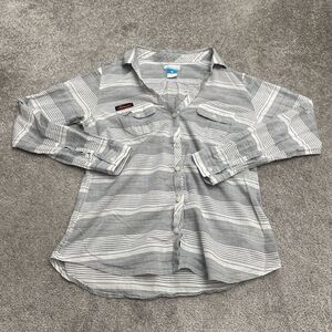 Columbia PFG Button Down Shirt Womens Medium White Gray Stripe Auburn University